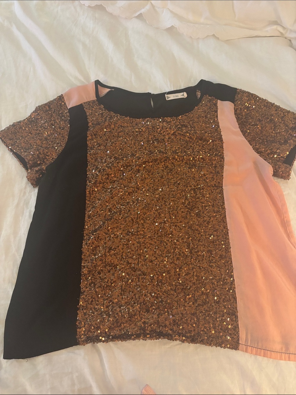 Mixed Panel Sequin Short Sleeve Top - Rose Gold, Black, size large women